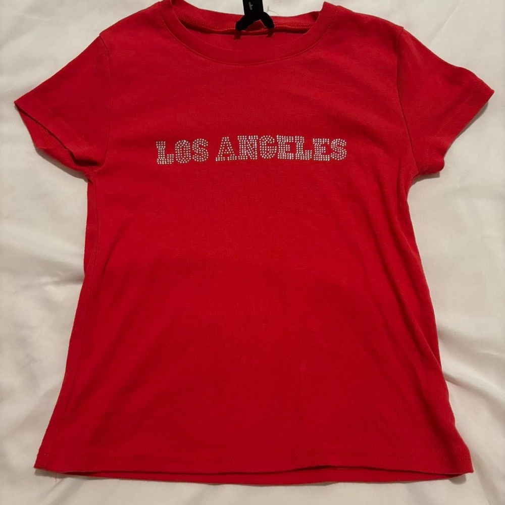 Red T-Shirt with 'Los Angeles' Rhinestone Design